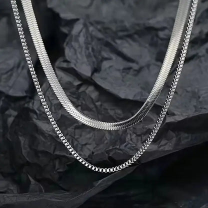 925 Silver-Plated 2-Piece Avant-Garde Necklace Set – Snake & Box Chain, Unisex Fashion Jewelry