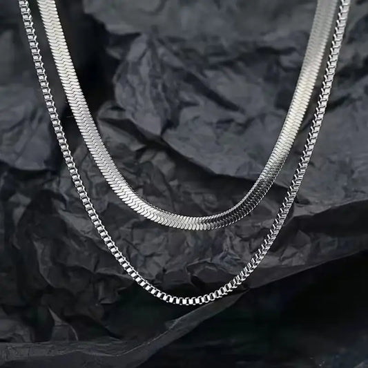 925 Silver-Plated 2-Piece Avant-Garde Necklace Set – Snake & Box Chain, Unisex Fashion Jewelry