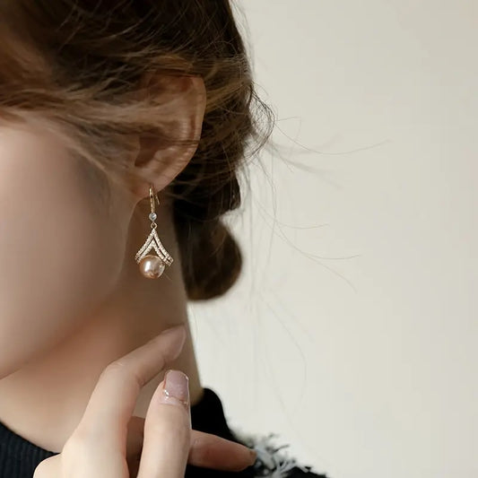 Celestial Drop Earrings – Rhinestone & Pearl Design, Champagne-Toned, Perfect for Daily Wear