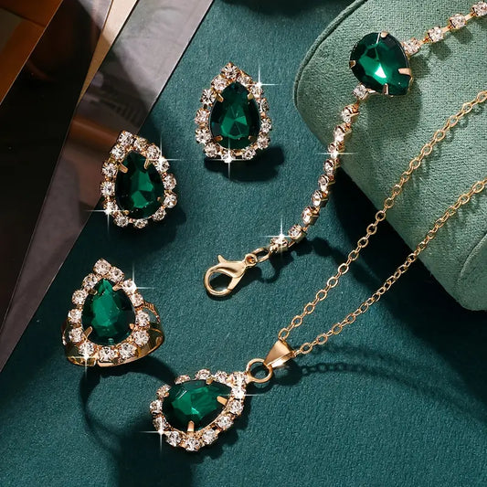 5-Piece Luxury Women's Jewelry Set - Green Emerald Faux Stones