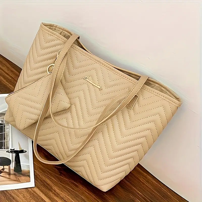 Women’s Quilted Tote Bag – Large-Capacity Shoulder Handbag with Matching Wallet