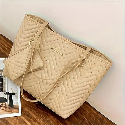 Women’s Quilted Tote Bag – Large-Capacity Shoulder Handbag with Matching Wallet