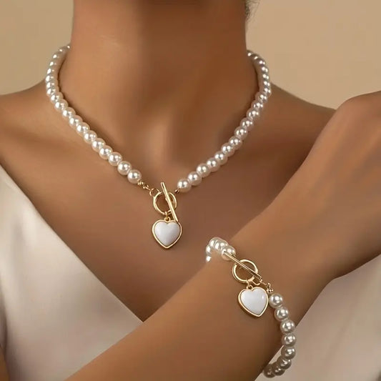 Elegant Necklace & Bracelet Set - OT Buckle, Heart & Faux Pearls