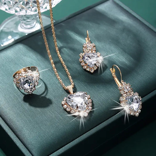 4-Piece Gold-Tone Jewelry Set – Heart Rhinestone Necklace, Earrings, Ring & Cup Design, Stainless Steel