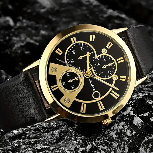 Men’s PU Leather Watch & Bracelet Set – Lion Face Design for Bold Everyday