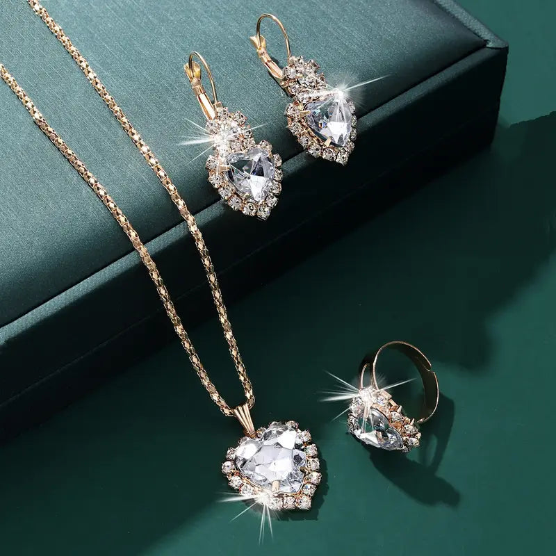 4-Piece Gold-Tone Jewelry Set – Heart Rhinestone Necklace, Earrings, Ring & Cup Design, Stainless Steel