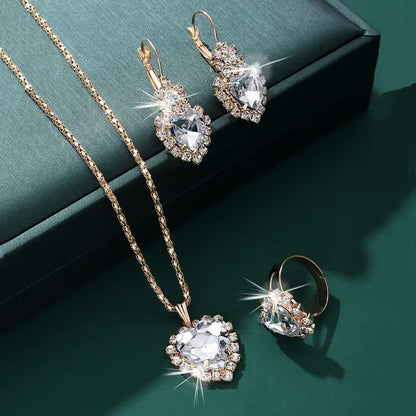4-Piece Gold-Tone Jewelry Set – Heart Rhinestone Necklace, Earrings, Ring & Cup Design, Stainless Steel