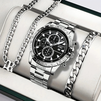Men’s Stainless Steel Watch Set – 4-Piece Classic Chrono Style for Everyday Confidence