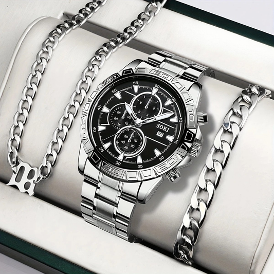 Men’s Stainless Steel Watch Set – 4-Piece Classic Chrono Style for Everyday Confidence