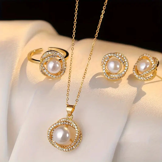 Vintage-Inspired 4-Piece Jewelry Set – Elegant Faux Pearl & Sparkling Rhinestones