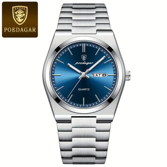 POEDAGAR Men's Luxury Quartz Watch – Stainless Steel Calendar Display