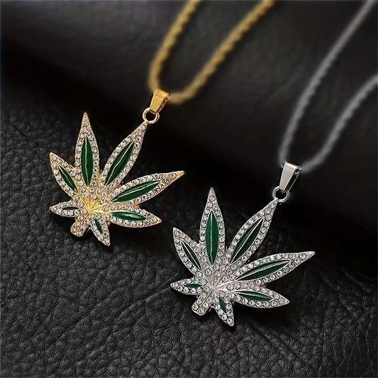 Faux Diamond Weed Leaf Necklace – Stylish Pendant in Gold & Silver