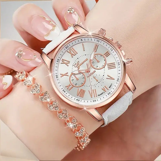 2-Piece Ladies' Watch Set – PU Leather Strap Watch with Heart-Shaped Faux Diamond Bracelet