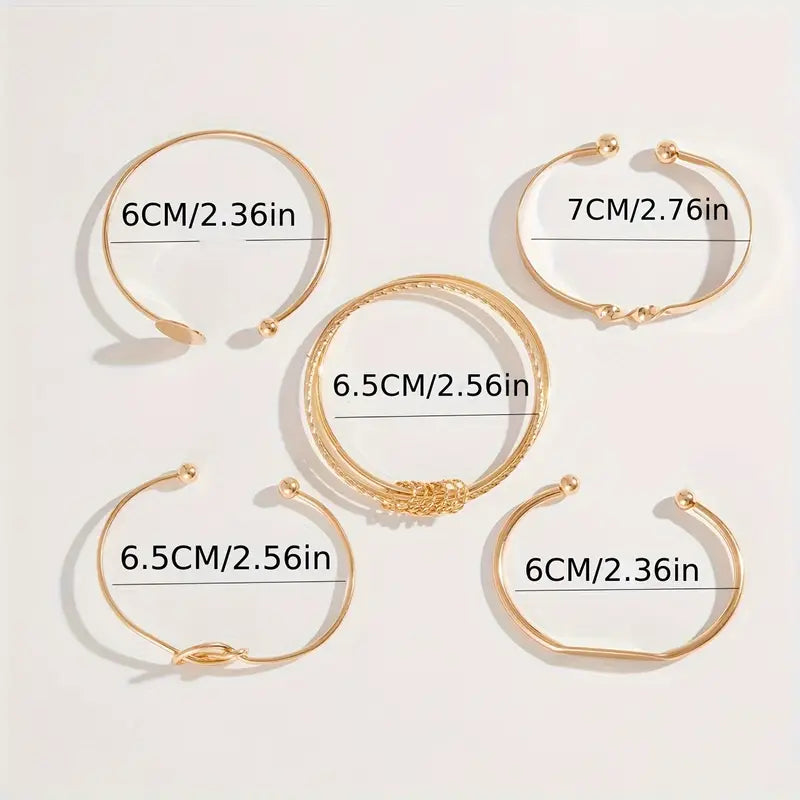 5-Piece Minimalist Bangle Set – Geometric Round & Knotted Open Cuff Design, Retro Trendy Style