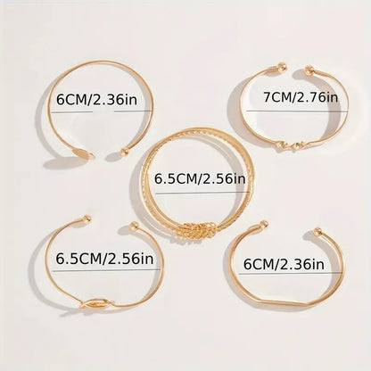 5-Piece Minimalist Bangle Set – Geometric Round & Knotted Open Cuff Design, Retro Trendy Style