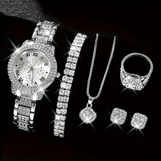 7-Piece Faux Diamond Jewelry Set – Elegant Necklace, Bracelet, Earrings & Ring Combo