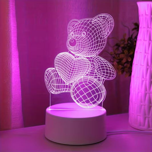 Modern 3D Teddy Bear Night Light – Pink Glow Valentine's Day Gift with USB Power