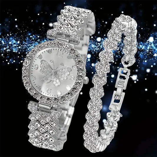 Heart-Shaped Rhinestone Bracelet & Butterfly Watch Set - Elegant & Sparkling- Perfect For Her
