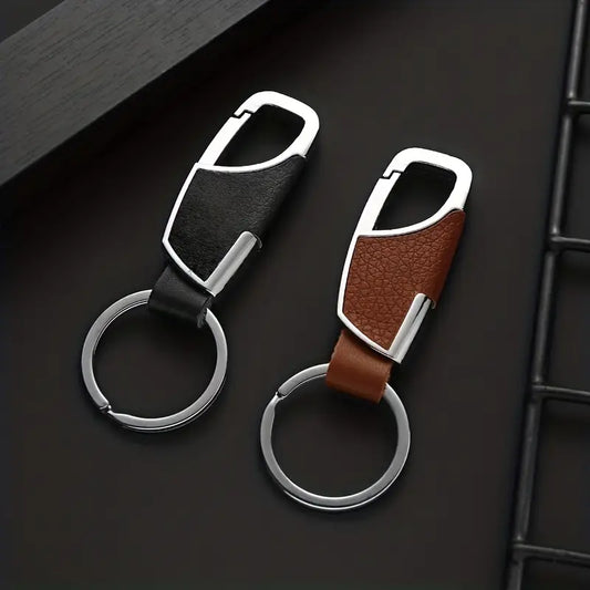 Stainless Steel & Leather finish Car Keychain - Key Ring with Spring-Loaded Clip