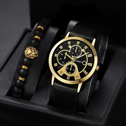Men’s PU Leather Watch & Bracelet Set – Lion Face Design for Bold Everyday
