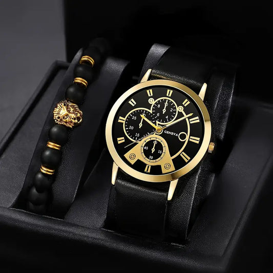 Men’s PU Leather Watch & Bracelet Set – Lion Face Design for Bold Everyday